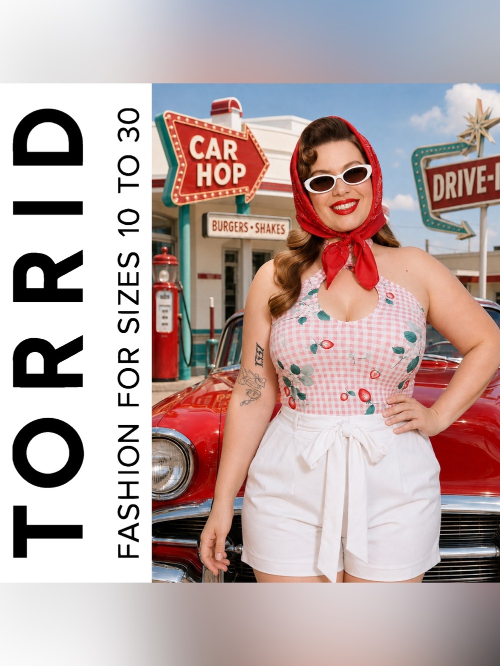 Torrid Pink Strawberry Gingham Retro Chic Foxy Twist-Neck Halter Top, Large, NWT